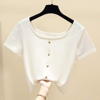 hmdimeu领方领短袖t恤2022夏款修身短款内搭露锁骨半袖内搭上衣服hmr