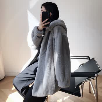 进口紫标天鹅绒貂皮大衣女整貂连帽宽松廓形水貂毛皮草外套 蓝宝石 xl