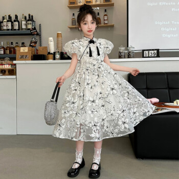 迪士尼（Disney）女童连衣裙夏款2024新款中大童时尚国潮新中式复古裙子纱裙公主裙 黑白 150cm