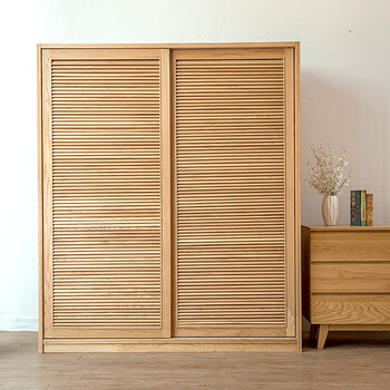 百叶门衣柜现代简约全实木大衣柜北欧橡木推拉门日式滑门衣橱黑胡桃木