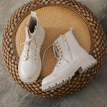 靴女夏2022年新款英伦风内增高显瘦猫儿款短靴机车靴 白色-平跟-单里