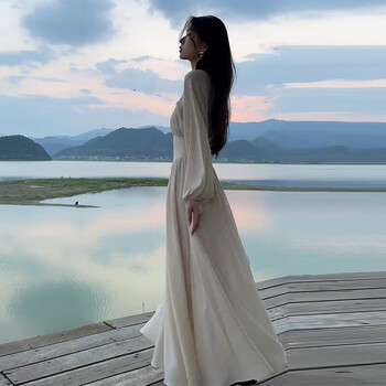 长裙学生连衣裙长款到春夏季长袖坠感米白色米白色仙女风飘逸长裙s