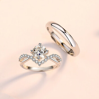 温冬925纯银莫桑石钻戒情侣一对对戒仿真钻开口戒指 钟爱一生对戒(女