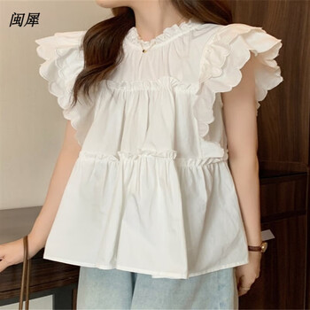 闽犀法式设计感小众荷叶边小飞袖白衬衫女夏季不撞款白色衬衣无袖上衣