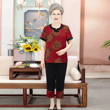 丝潇老年人短袖两件套女宽松老太太妈妈衣服婆婆装奶奶装夏装套装薄款