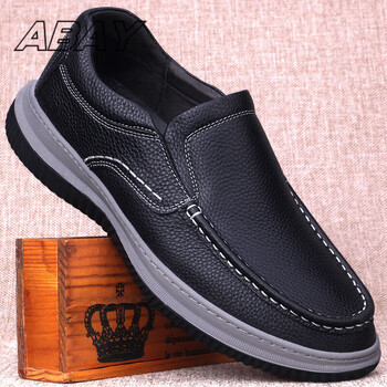 abay夏季运动休闲鞋真皮透气皮鞋厚底男鞋圆头男单鞋套脚一脚蹬懒人鞋