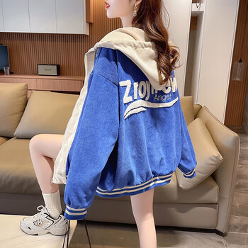 尚梵姿棒球服外套女高中生双层两面穿女初高中芯绒春秋新款连帽蓝色
