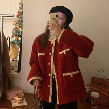 彤棠红色大衣过年外套女冬季新款氛围感美女复古保暖加绒加厚圣诞节衣