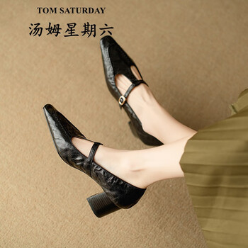 汤姆星期六tomsaturday羊皮方头t型带粗跟65cm高跟单鞋女春季新款通勤
