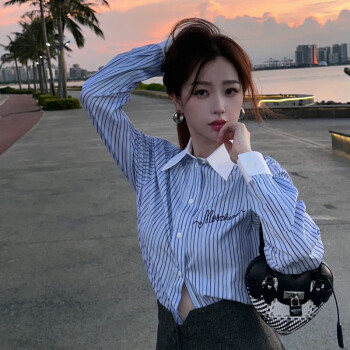 挽鹤虞书欣同款衣服虞书欣同款蓝色条纹衬衫女拼色字母长袖早秋新图片