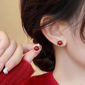 van crude annora一款两戴红色方形耳坠复古耳环女小众感耳扣网红耳饰