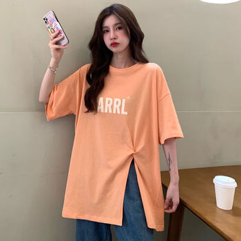 fqaq设计感小众短袖t恤女夏季韩版学生宽松中长款不规则开叉上衣s潮桔
