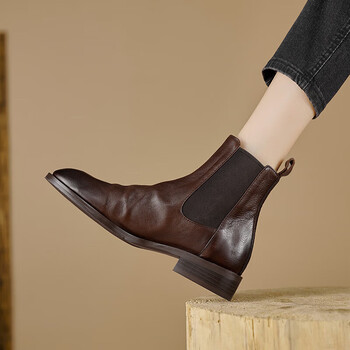 戴丽格秋冬女鞋法式复古切尔西靴女秋冬款圆头小短靴平底做旧褶皱马丁