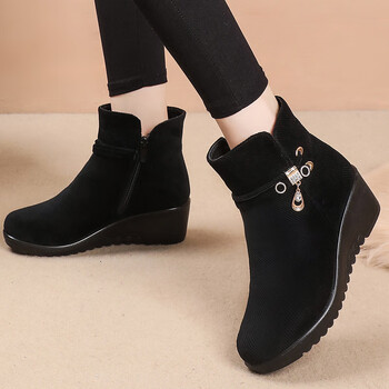 迈得兜冬季妈妈鞋棉鞋中老年人坡跟短靴加绒保暖雪地靴软底防滑中年