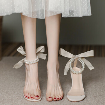 坠倾法式珍珠透明凉鞋女夏粗跟水晶鞋仙女风设计感小众气质伴娘高跟鞋