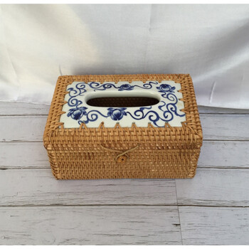 越手工藤编家居车载收纳盒纸巾盒餐纸盒卷纸抽纸筒 青花瓷23x15x10