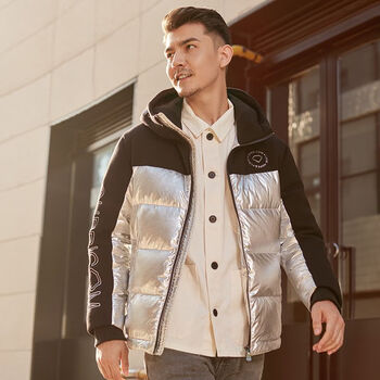 千仞岗chericom千仞岗2023秋冬男士短款撞色连帽外套反季羽绒服闪光银