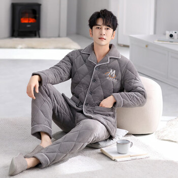 hamanaka睡衣男士冬季加绒加厚保暖三层夹棉袄珊瑚绒男款冬天法兰绒