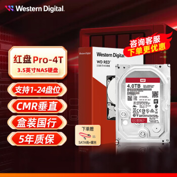 西部数据（WD） 红盘 PRO2T4T6T8T10T12T14TB SATA3 网络储存服务器 NAS硬盘机械硬盘 4TB PRO(WD4003FFBX)