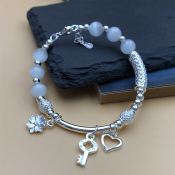 睿戈ruige999女个性潮时尚简约银手镯百搭串珠花纹桃心银镯子新款银饰