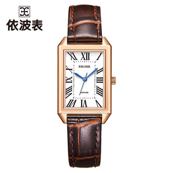 依波ebohr22年新款手表女复古石英女表皮带棕色小方表5160褐色