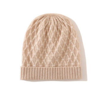 梵佳诺山羊绒2023秋冬新款女高端色绞花护耳保暖时尚休闲针织翻边帽子