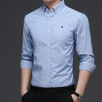 tommyjeans汤米长袖衬衫男2023秋季纯棉休闲竖条纹衬衣百搭款天蓝色