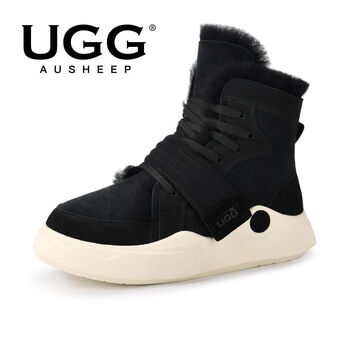 ausheepugg马丁靴男冬季新品皮毛一体休闲保暖男士运动雪地靴黑色41