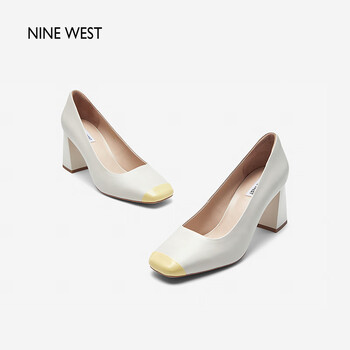 ninewest玖熙女鞋拼色小方头高跟鞋2024年春季新款法式设计小众单鞋女