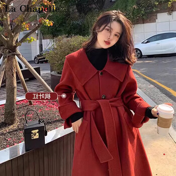 羊绒呢子大衣女秋冬季新款新年战袍红色氛围感中长款毛呢外套枫叶红xl