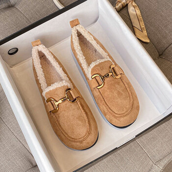 木西十豆豆鞋女冬季加绒厚底复古勃肯鞋毛毛单鞋软底棉鞋大码女鞋棕色