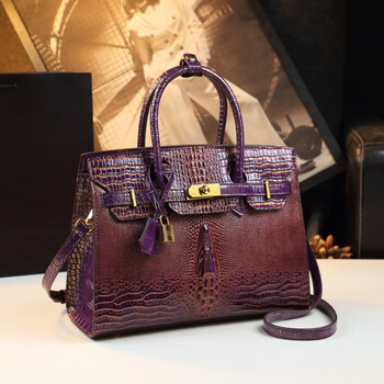 轻奢原创高端铂金包新款大气中年手提包女单肩包渐变鳄鱼纹女士包紫色