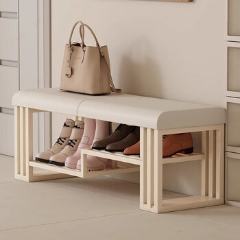 换鞋凳可坐法式家用门口设计师创意皮革长条穿鞋凳 米白色凳子 皮革