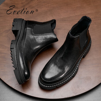 evetion高帮切尔西靴男士秋冬厚底时尚套筒男靴子黑色复古圆头户外