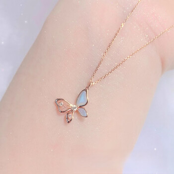 宝藏女孩18k玫瑰金钻石锁骨链銀简约气质 凡尔赛蝴蝶项链 /白贝母