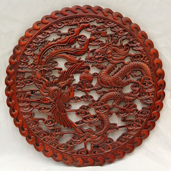 东阳木雕挂件 香樟木头雕刻画工艺品中式客厅实木质艺术圆形 龙凤呈祥