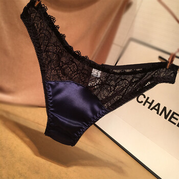 欧美迷离诱惑丁字裤t裤 性感蕾丝女士内裤舒适丝滑绸缎内裤女 宝蓝