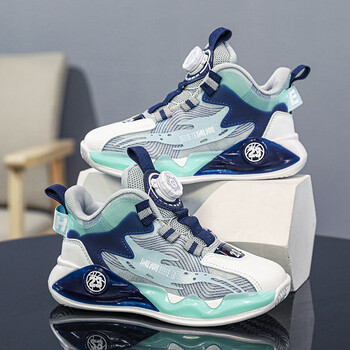 安崉男童鞋子旋转纽扣运动鞋2024年新款春秋儿童篮球鞋男孩帅气跑灰