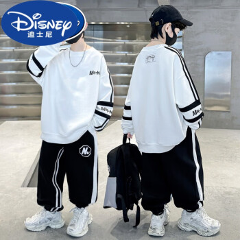 迪士尼品牌童装男童卫衣套装春秋款儿童运动套装男孩春 白色 170cm