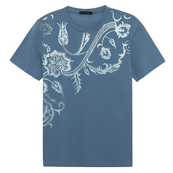liu·jouomo蓝色系圆领 胸前图案花纹 时尚休闲男士短袖t恤 蓝色 46