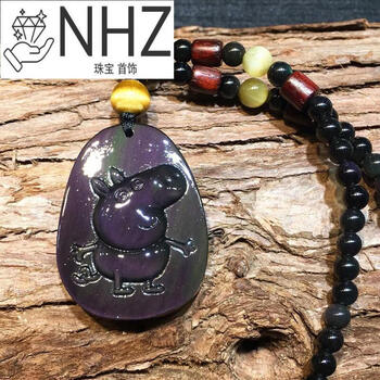 nhz彩虹眼黑曜石吊坠卡通小猪佩奇项链男女款饰品做一个社会人珠链款