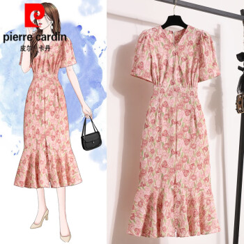 皮尔卡丹（pierre cardin）大l码领中长款碎花短袖鱼尾裙胖夏季新款女装高腰显瘦连衣裙子针 图片色【初恋/收腰/高腰/a字/茶 XL (建议120-140斤)