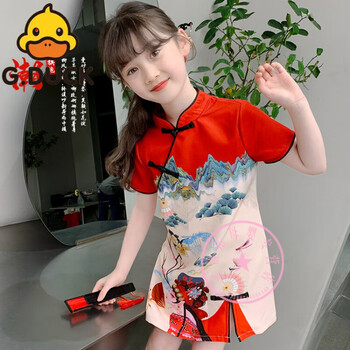 黄鸭夏季女童汉服山水画旗袍裙儿童古风连衣裙中国风女孩公主裙 红色