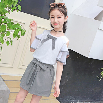 童露肩短袖t恤短裤韩版两件套宝宝夏季学生品牌童装3-15岁小女孩衣服