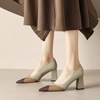 macjabags粗跟高跟鞋女2024春秋新款小众拼色气质尖头单鞋舒适百搭咖