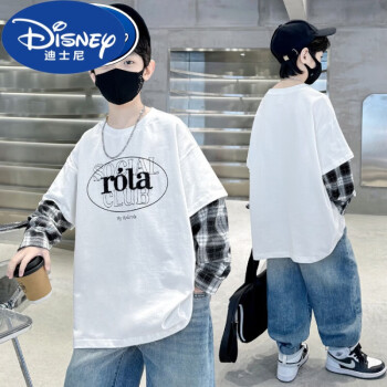 迪士尼品牌童装男童假两件T恤长袖打底衫中大儿童春装 白色 120cm