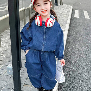 蒙迪索图童装女童套装春秋儿童牛仔套装女宝宝衣服中小童牛仔外套工装