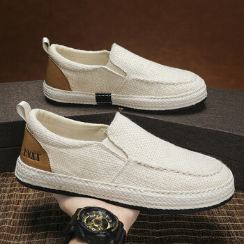 老北京布鞋男年轻人豆豆鞋男秋季亚麻千层底手工帆布板鞋男一脚蹬米色