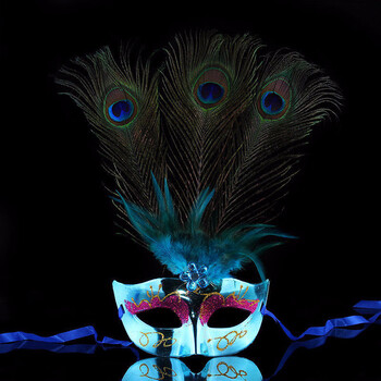 孔雀面具 40g舞会派对面具公主走秀面具 尖头彩绘花边侧孔雀羽毛面具