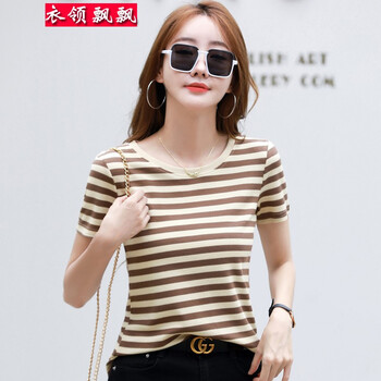条纹t恤短袖女装上衣春夏装新款女生衣服体恤时尚韩版咖啡色s8095斤